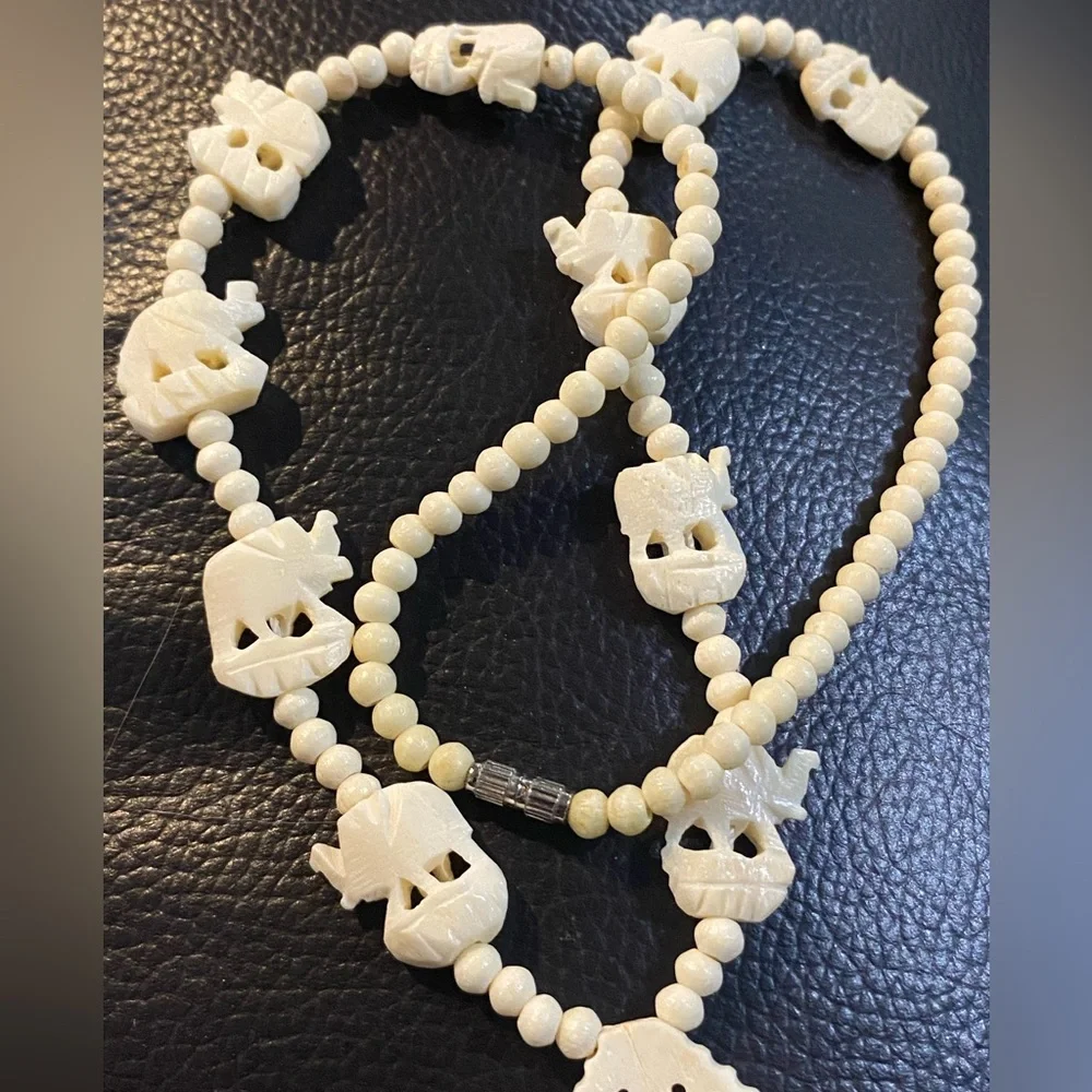 Vintage Carved Bone Pendant Off White Beaded Necklace Elephant Design Good Luck